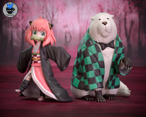 neko figurines anya and bond x demon slayer